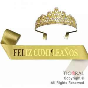 SET VINCHA Y BANDA FELIZ CUMPLEA�OS PERLAS Y STRASS ORO (10548E) X 1